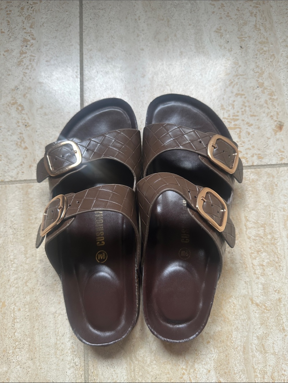 Faux Leather Slides with gold buckles
